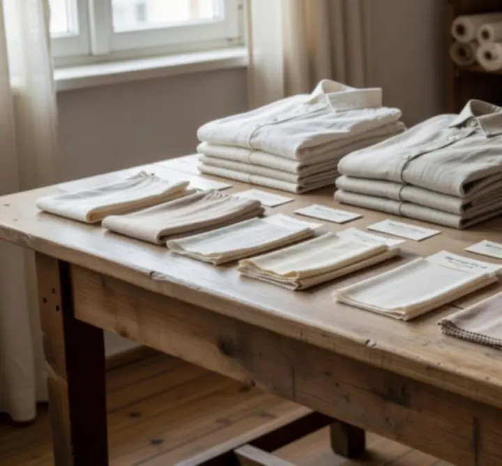 Ruhagondozási útmutató és textilminták az asztalon