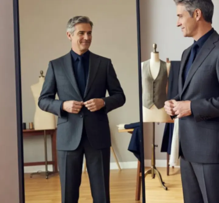 Ügyfél felpróbálja a kész, tökéletesen illeszkedő ruhadarabot a Tailor Craft Lab stúdiójában