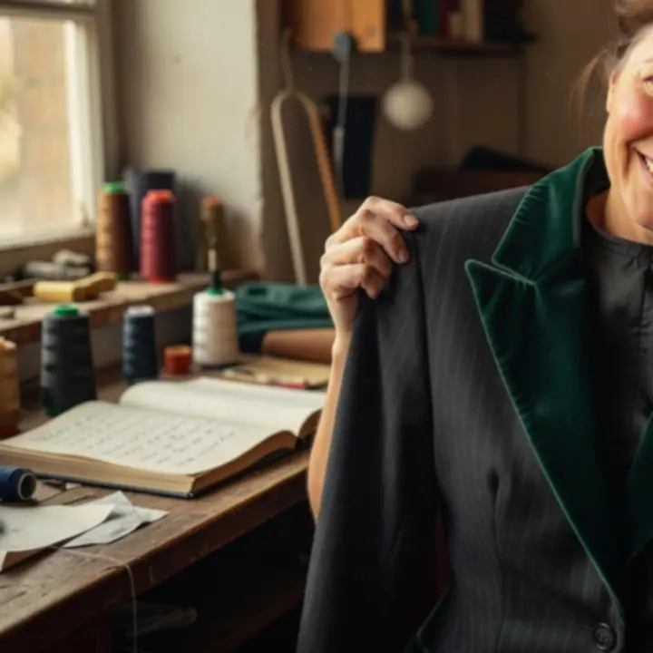 Elégedett ügyfél mosolyogva nézi a frissen igazított ruháját