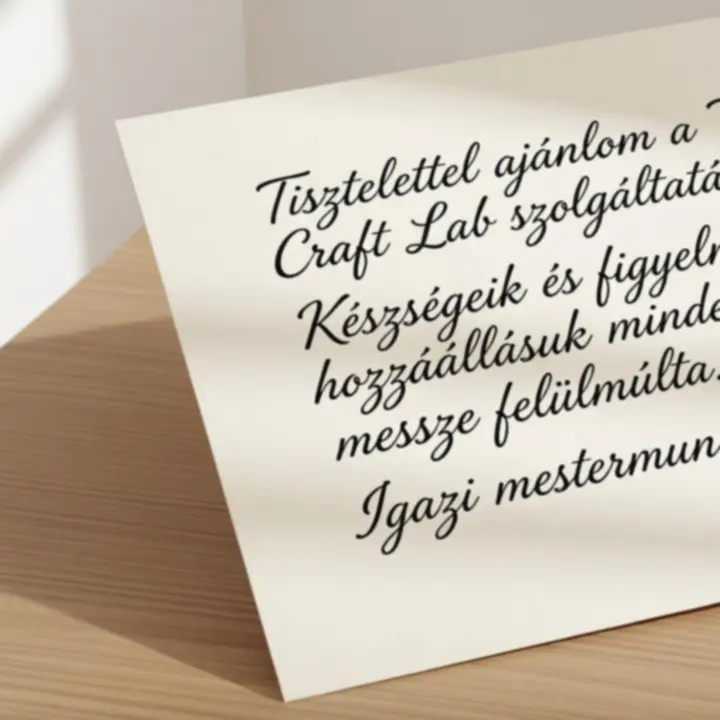 Kézzel írt köszönőkártya elégedett ügyféltől a Tailor Craft Lab stúdiójában.