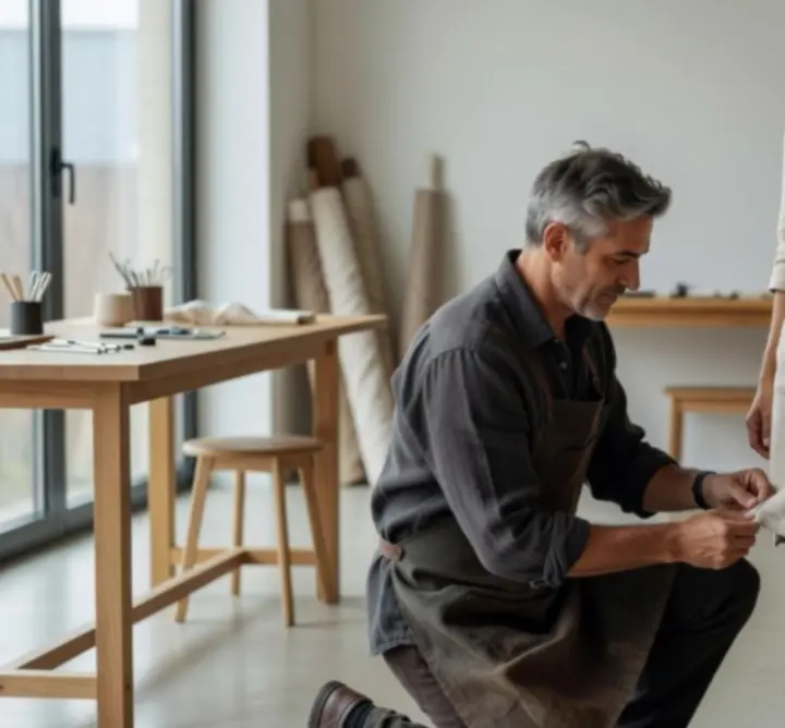 Ügyfél ruhapróbán, szabó aprólékosan igazítja a ruhát