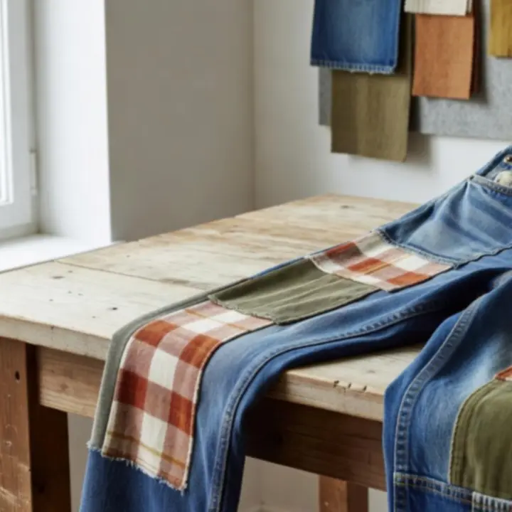 Farmernadrág javítása és kreatív átalakítása, részletfotó a díszvarrásról.