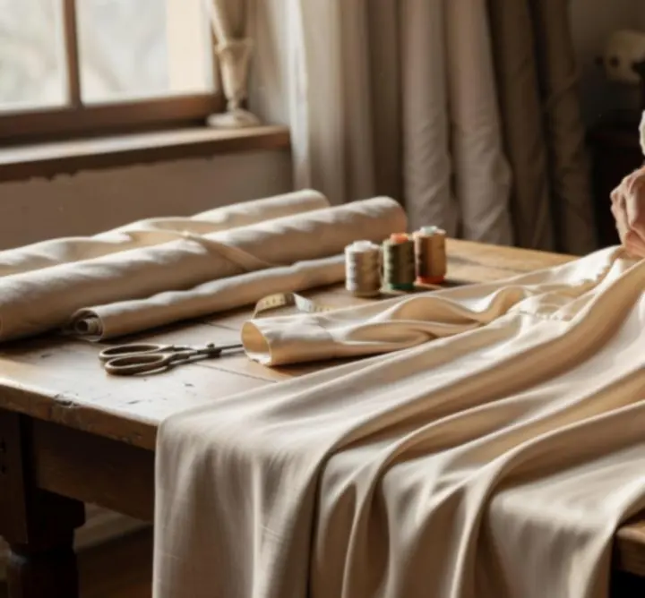 Szabó kezei finom szövetet igazítanak a szabóasztalon