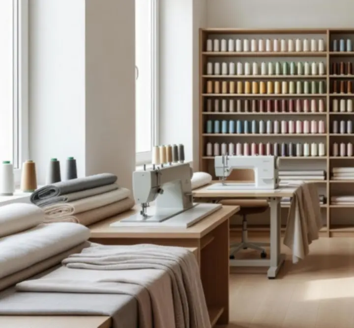 Modern, letisztult szabászat belső tere a Tailor Craft Lab műhelyben.