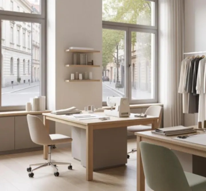 Világos, modern varróstúdió, rendezett munkapadokkal és próbafülkével