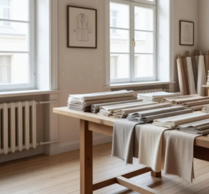 Elegáns szabászati műhely munka közben, asztalon szabóeszközökkel és textíliákkal.