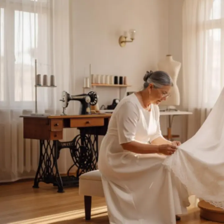 Esküvői ruha igazítása szabóasztalon.