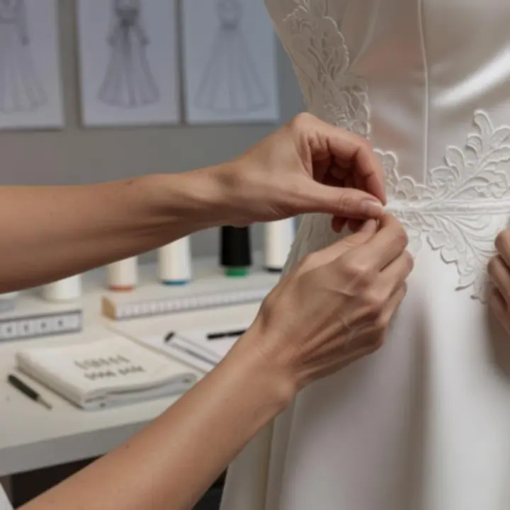 Esküvői ruha csipkéjének részletfotója aprólékos kézi igazítás közben.